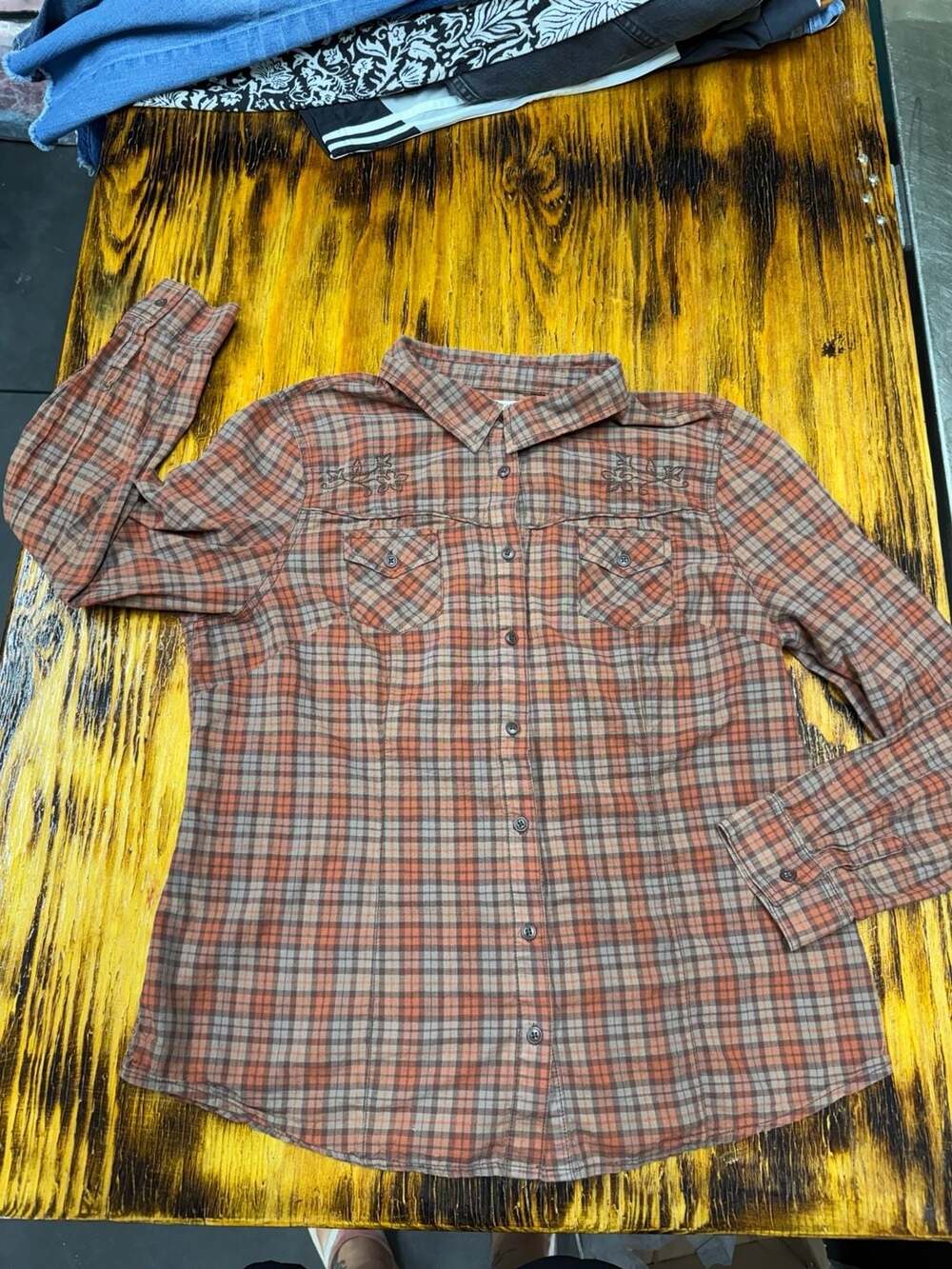 Bit & Bridle Orange Brown Plaid Embroidered Western Flannel Shirt XL